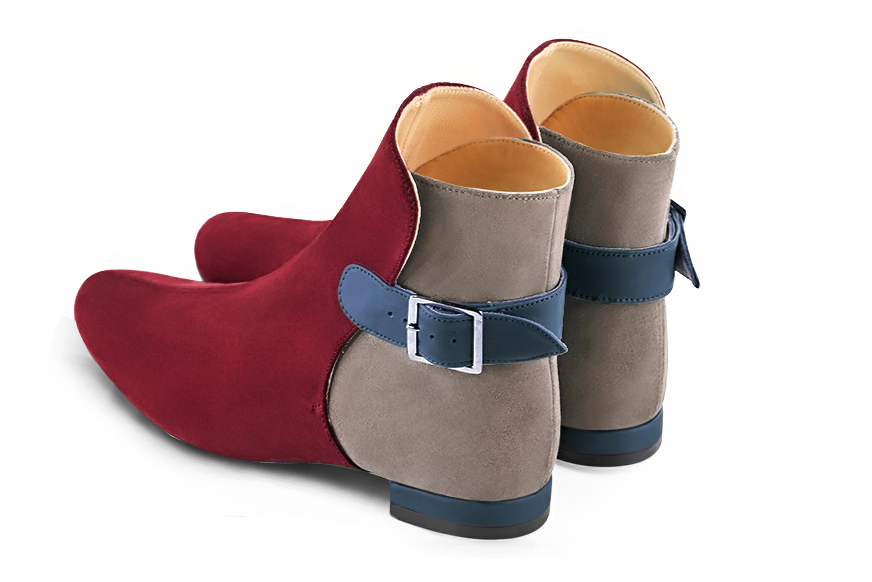 Women's burgundy red, bronze beige and denim blue elegant ankle boots, with buckles at the back. Round toe. Flat block heels - Rear view